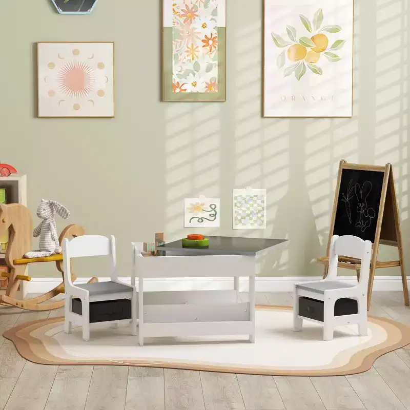 Qaba 3PCs Kids Table and Chair Set, 2 in 1 Toddler Table and Chair Set with Reversible Tabletop Blackboard, Storage & Bookshelves