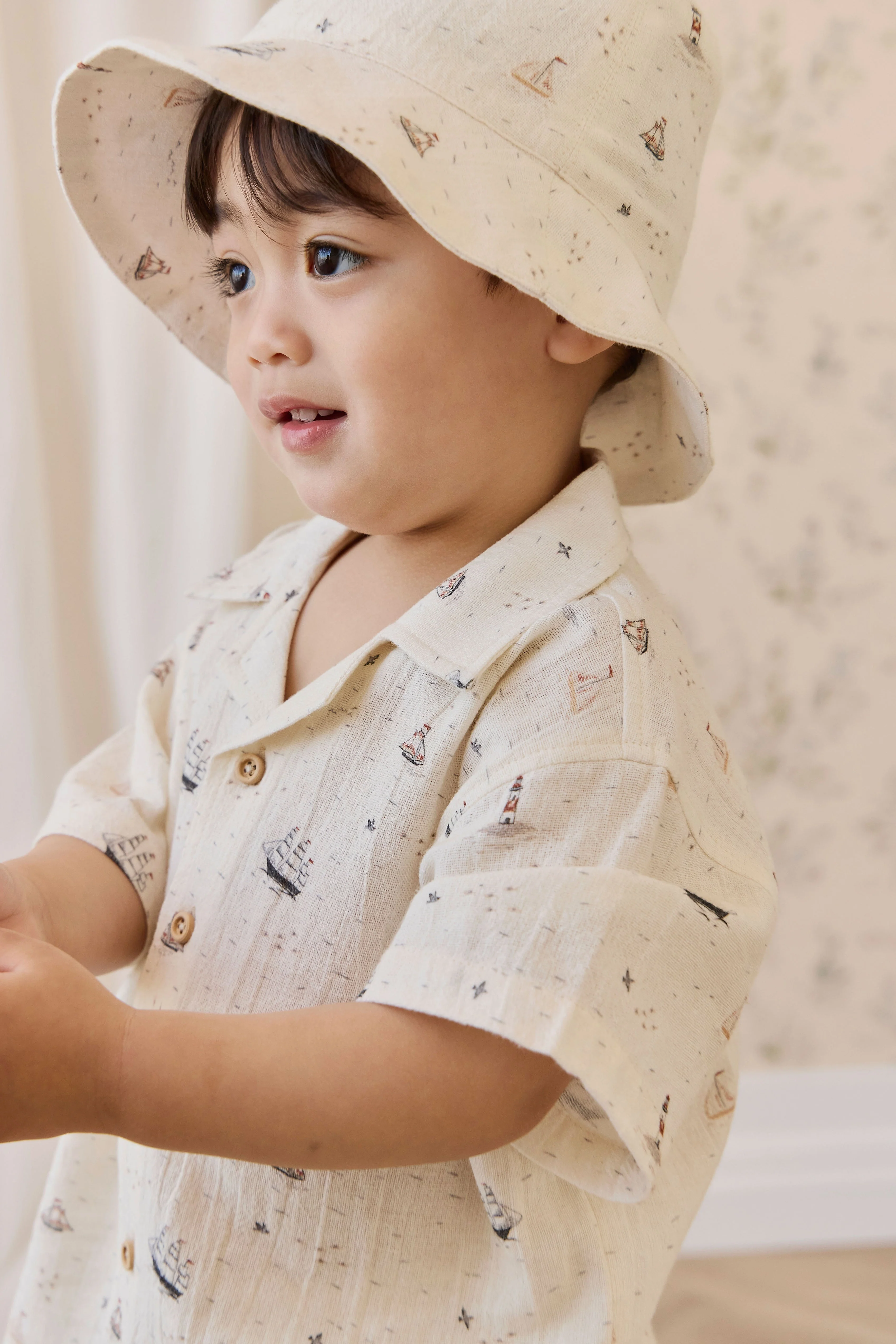 Playful Nautical Sailing Day Print Organic Cotton Woven Bucket Hat with Curved Brim for Sun Protection