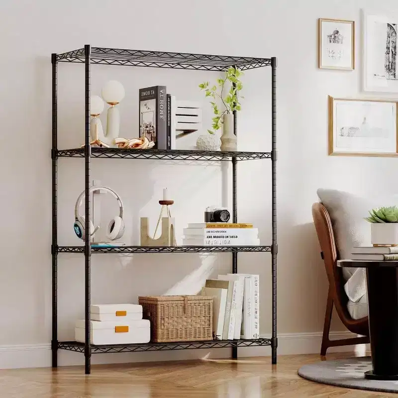 4 - Tier Wire Storage Shelves Black Home Garage Shelving Heavy - Duty Metal Holds Up to 1000 lbs No Assembly Adjustable Racks