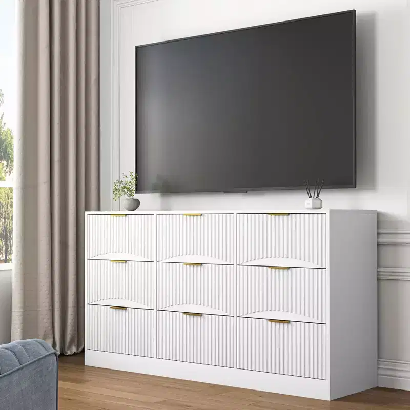 63-inch Large Wooden Nine-Drawer Chest with nine deep drawers, suitable for bedrooms. Drawer fronts feature a wavy pattern. White