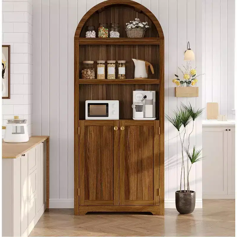 Acekool Tall Wood Arch-Top Storage Cabinet, 5-Shelf Bookcase with Doors, Adjustable Pantry Cupboard for Living Room Kitchen