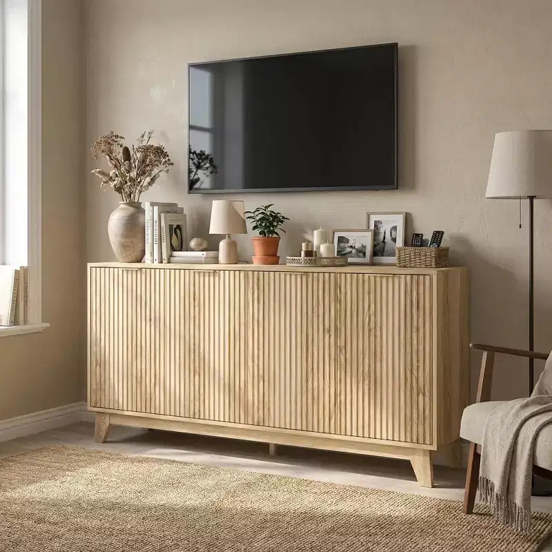 Fluted Sideboard Cabinet, 55'' Buffet Cabinet, Modern Fluted Storage Cabinet with Adjustable Shelves & Doors, Accent Sideboard for Kitchen, Coffee Bar