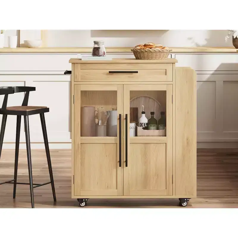 Kitchen Island, 48 Retro Farmhouse Coffee Bar Station with Storage & Glass Door Cabinet, for Dining Room