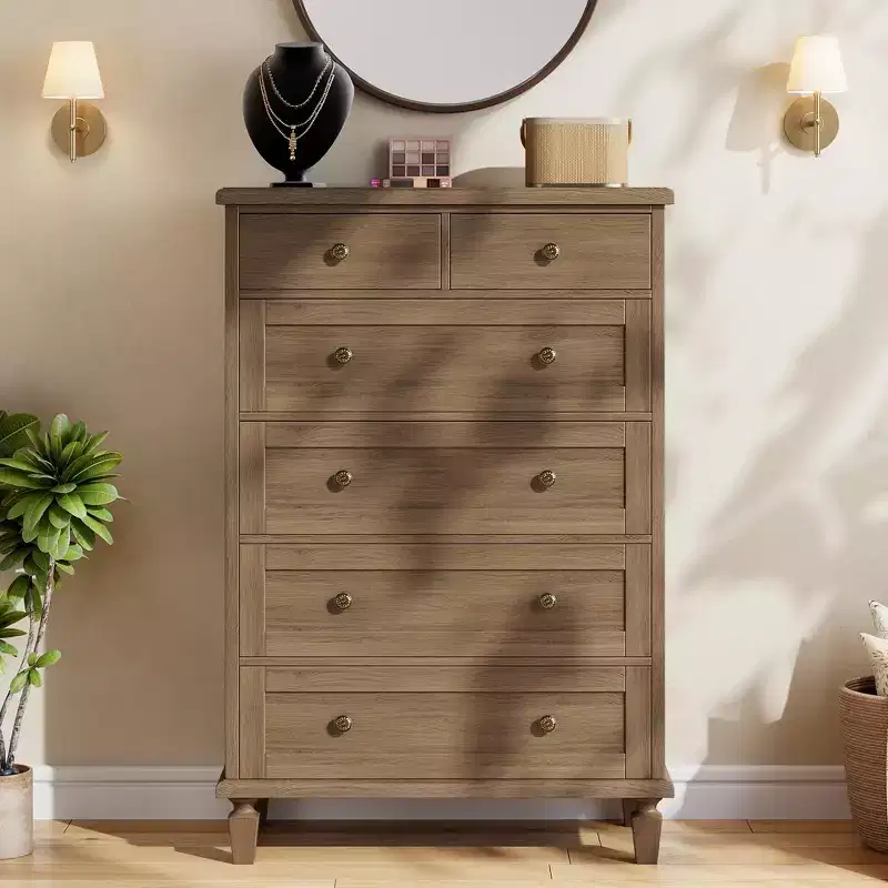 47 Tall 6 Drawer Dresser - Vintage Wooden Chest, Carved Handles & Tapered Legs - Large Storage for Bedroom, Living Room, Entryway - Modern Furniture