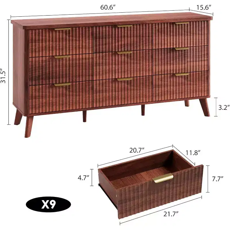 Modern 9 Drawer Dresser for Bedroom, Wide Ribbed Dresser with Golden Handles, Sturdy Wooden Chest of Drawers for Living Room Hallway Entryway