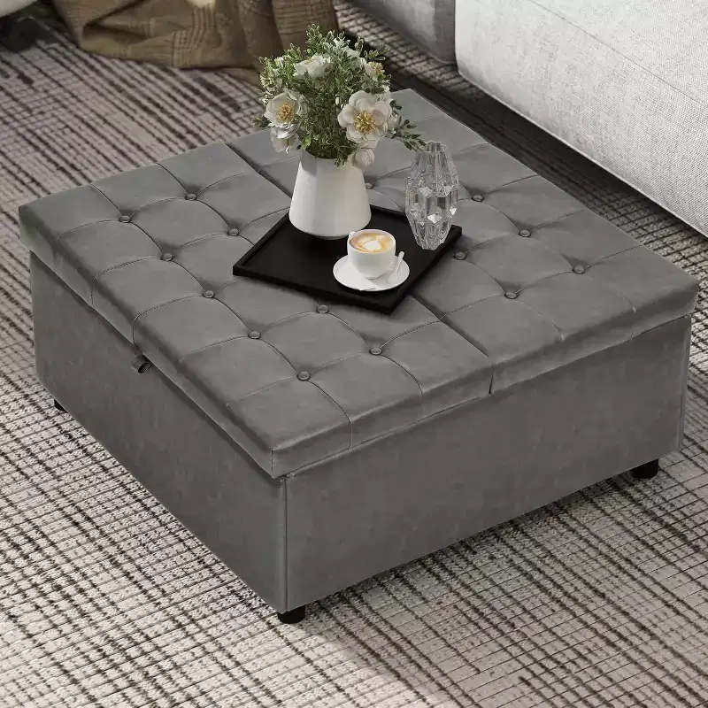 35.5 Inch Square Ottoman With Storage, Large Ottoman Coffee Table, 500 lb Capacity, Gray