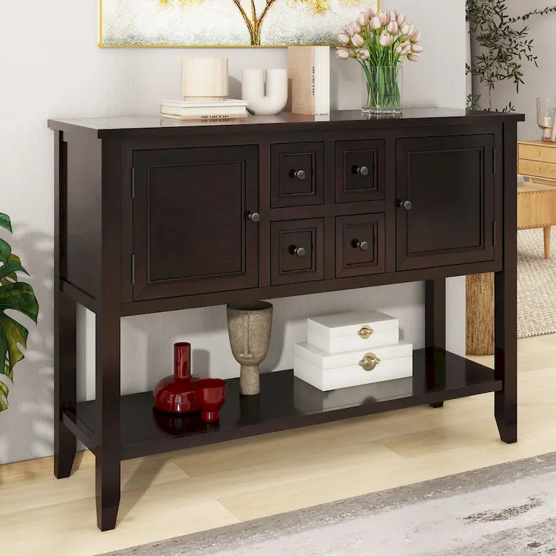 Retro Sideboard Console Table with Drawers and Bottom Shelf