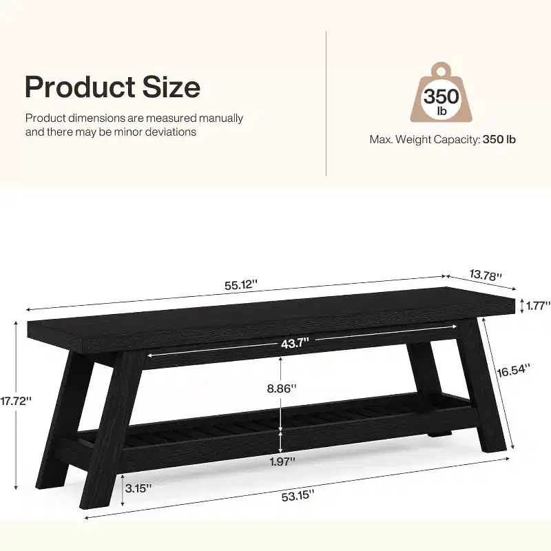 Lantine 55 Narrow Entryway Bench with Shoe Storage, Farmhouse Wooden Hall Tree Bench with 2-Tier Open Shelf for Small Space, Mudroom, Foyer, Black