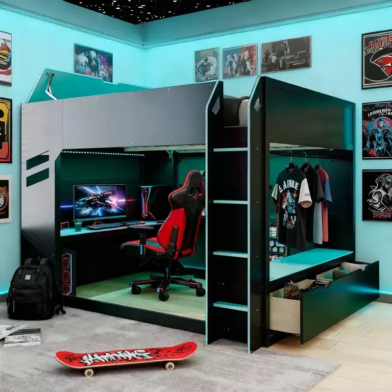 Loft Bed with Height-Adjustable Desk, RGB Lights and Storage, Full Size Space-Saving Bed for Teens & Adults