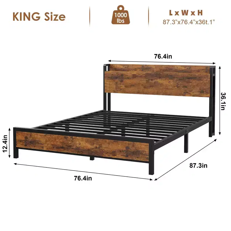 King Size Bed Frame with Storage Headboard, Industrial King Bed Platform, No Box Spring Needed Easy Assemble Mattress Foundation - Rustic Brown