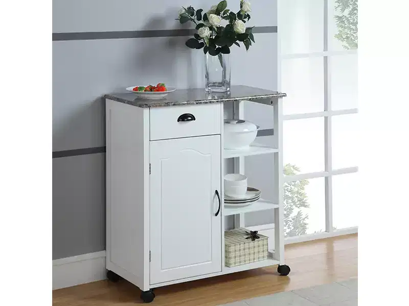 Kitchen Storage Cabinet Cart, Marble Vinyl Top, 1 Drawer, 3 Shelves, White, Casters