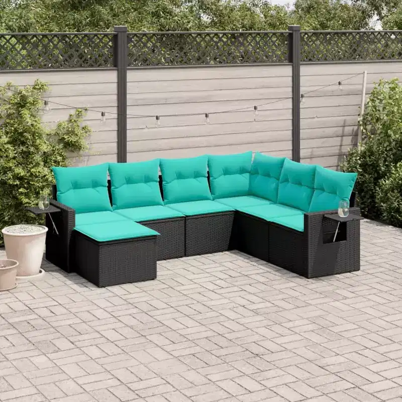vidaXL 7 Piece Patio Sofa Set with Cushions Black Poly Rattan