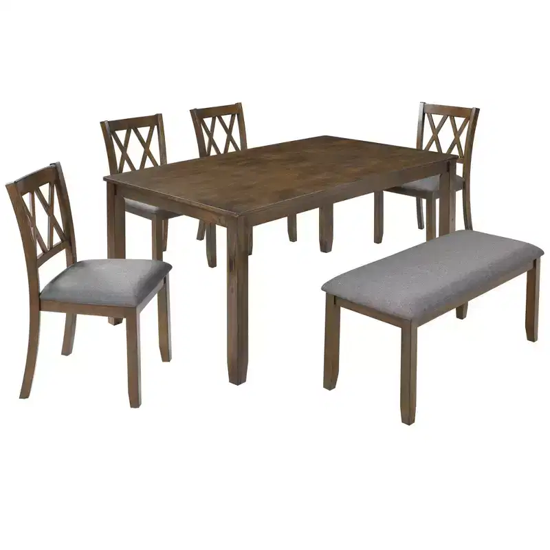 Homy Casa 6-Piece Wooden Dining Table Set with 4 Upholstered Chairs and Bench, Rectangular Kitchen Table, Walnut