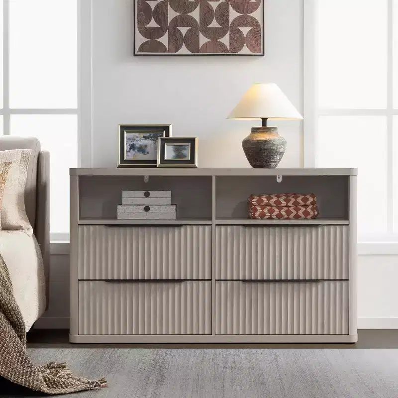Modern 56.5 Wide Dresser with 4 Drawers Fluted Open Shelf Closet Storage