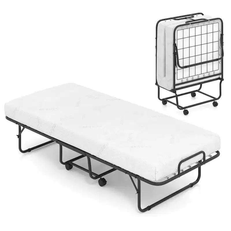 Folding Bed with Mattress 74 x 31 Cot Size Rolling Guest Bed Space Saving