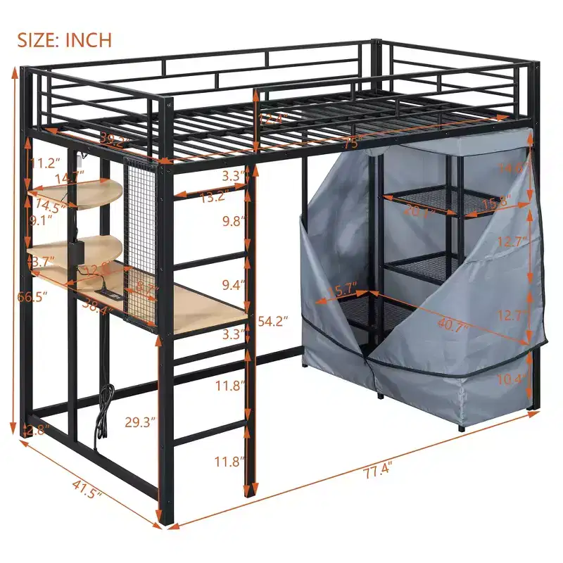 Loft Bed with Wardrobe Under The Bed and Curtain, Metal Bed Frame with Desk Shelves Power Outlet and LED Light