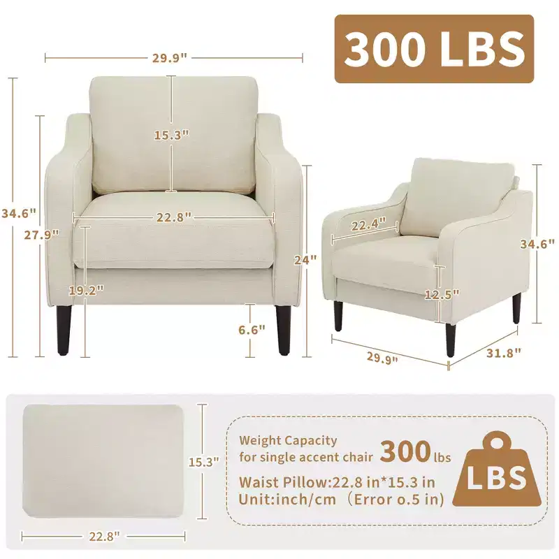 Mid-Century Accent Chair, Modern Comfy Living Room Chairs, Upholstered Arm Chair, Comfy Single Sofa Side Chair, for Bedroom Living Room