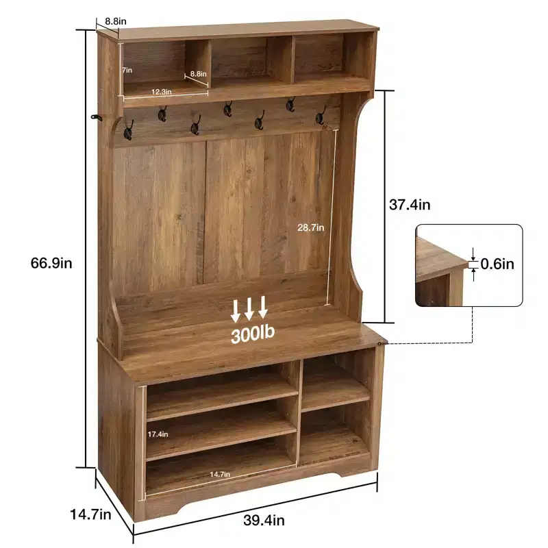 Hommpa 7 Tri-Hooks Entryway Hall Tree with Storage Bench, Coat Hooks & Shoe Cabinet