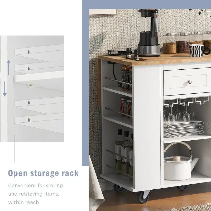 Drop Leaf Rubber Wood Kitchen Island with Power Outlet,Wine Rack