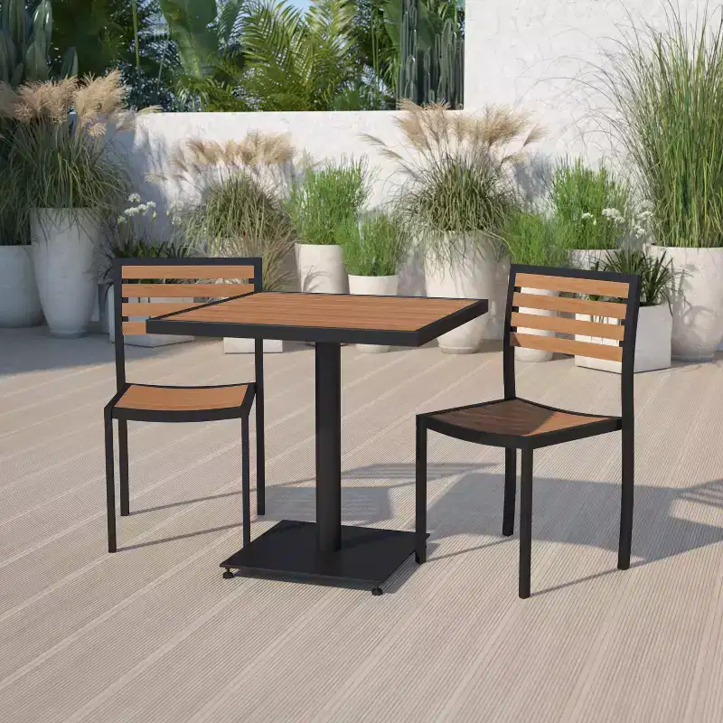 Flash Furniture Lark Outdoor Patio Bistro Dining Table Set with 2 Chairs and Faux Teak Poly Slats