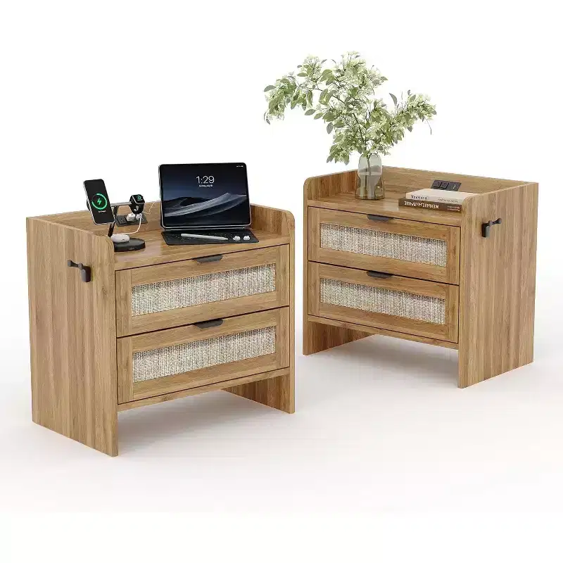 Nightstand Set of 2, Bedside Table,2 Rattan Drawer Storage Space, Night Stand with Type-C Charging Station, End Table, Side Tables