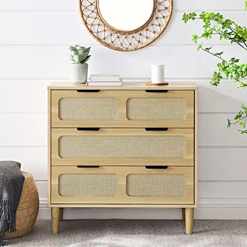3-Drawer Rattan Dresser with Metal Handles – Walnut / Black, MDF & Solid Wood, Farmhouse Style