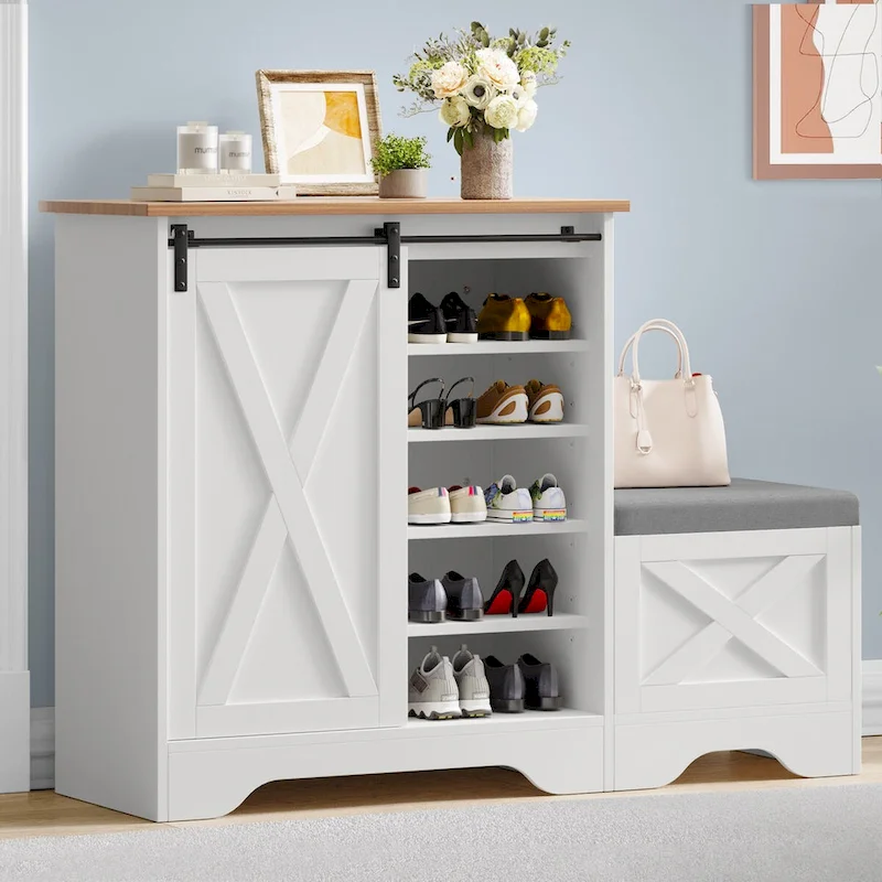 Farmhouse Shoe Cabinet Bench with Sliding Barn Door – 5-Tier, Holds 20 Pairs