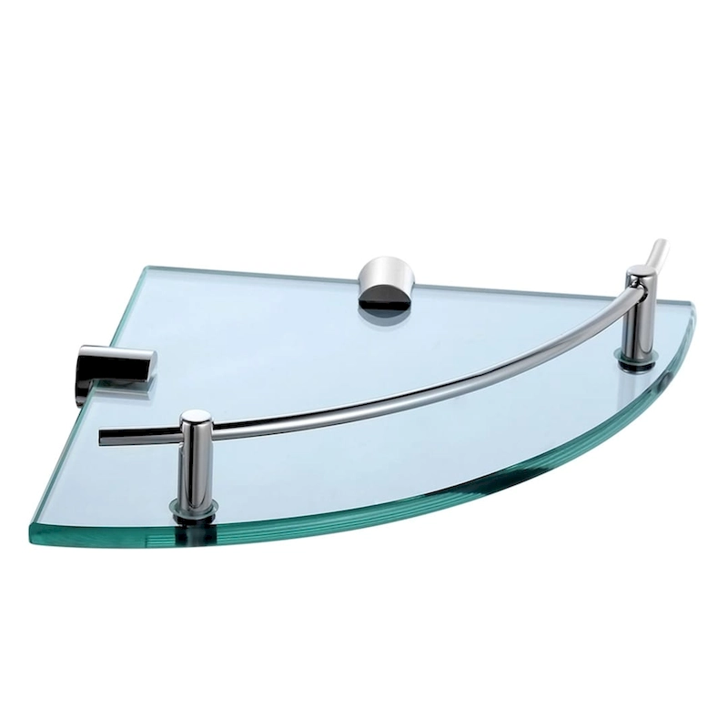 Glass Corner Shelf with Solid Brass Chrome Finish Railing