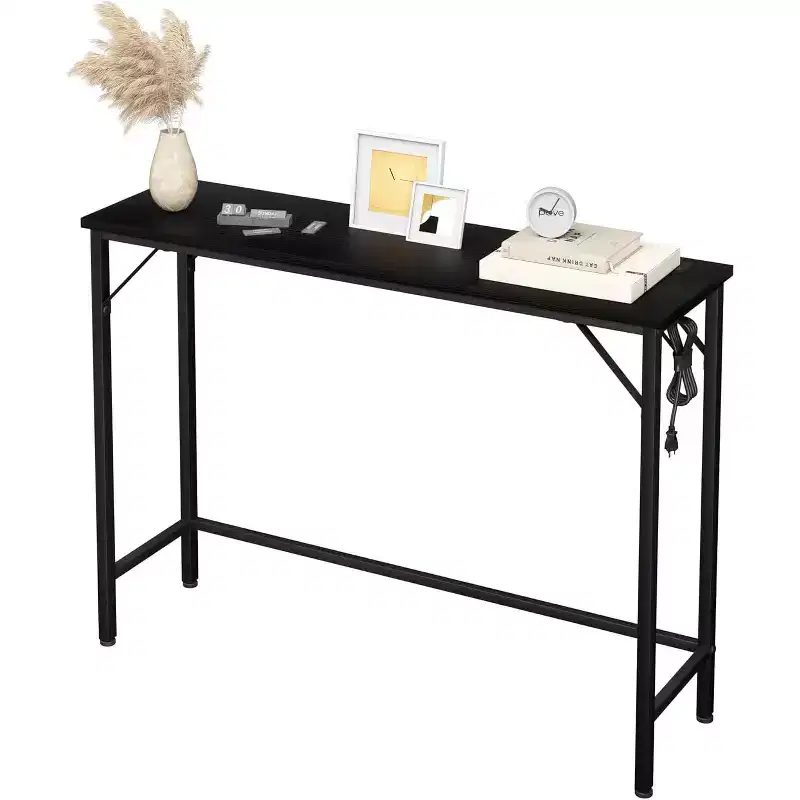 DobleePy 39.4-Inch Black Console Table with Charging Station, Slim Entryway Table with Metal Legs for Hallway, Sofa Back, Apartment