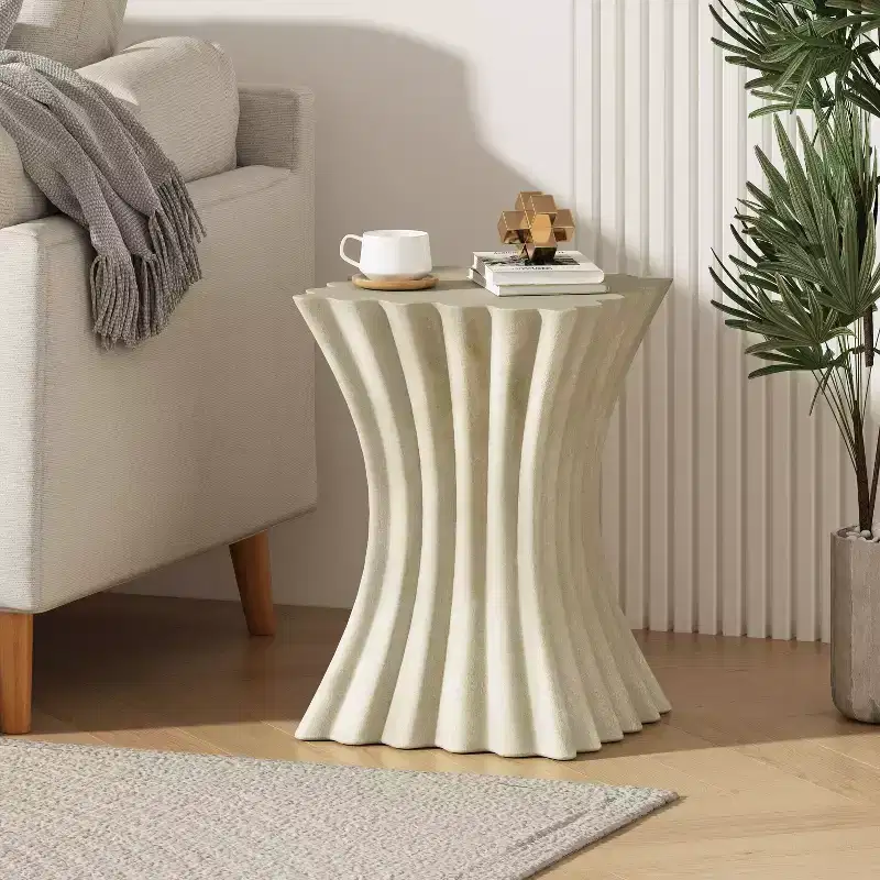 Artisanal Wavy Archaistic Side Table with Textured Beige Finish