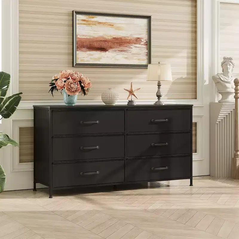 6-Drawer Wide Fabric Dresser and TV Stand, Large Storage Tower Unit with Fabric Bins for Bedroom, Closet, Hallway
