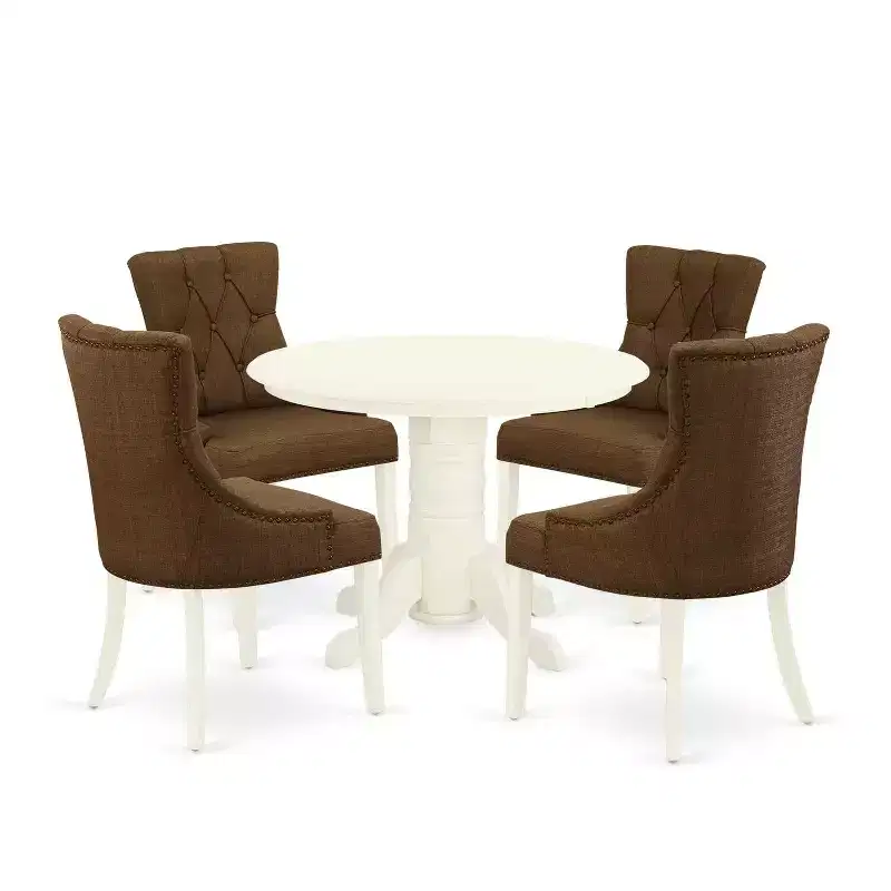 HomeStock 5-Piece Round Buttermilk & Cherry Finish Solid Wood Top Dining Table with 4 Parson Chair