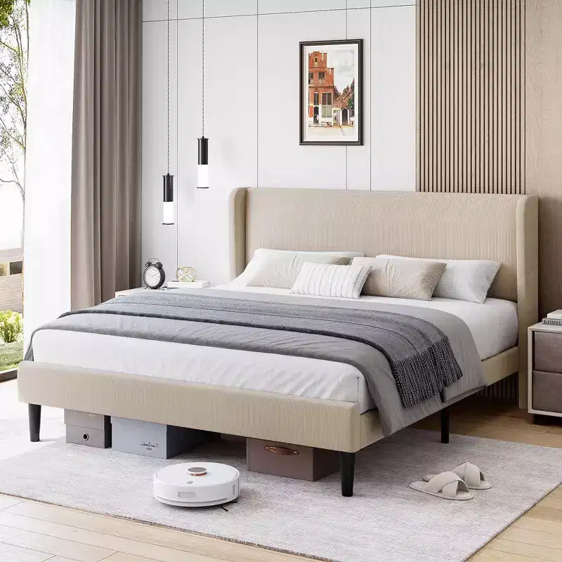 Upholstered Bed Frame with Wingback Headboard, Beige Velvet Platform Bed with Storage Pockets, Solid Wooden Slats, Noise-Free Design