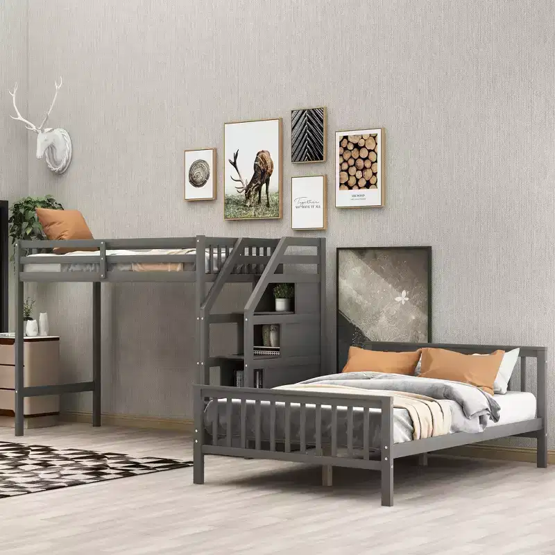 Modern Wood Twin over Full Loft Bed with Staircase Storage