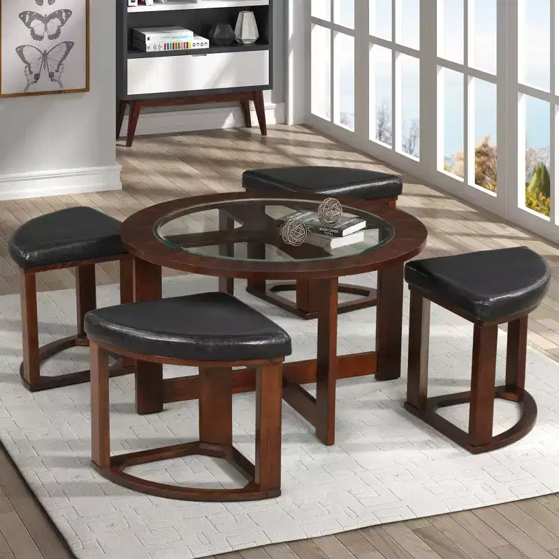 Solid Wood Glass Top Coffee Table with Stools