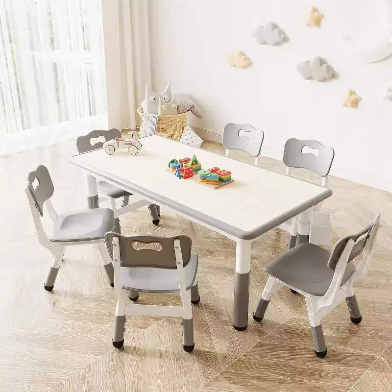 Kids Table & 6 Chairs Set - Adjustable Height Art & Dining Table for Toddlers Ages 3-10, 300lb