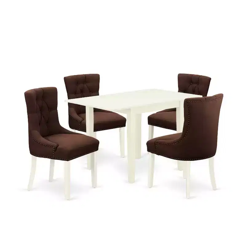 Vintage Dinette Set 5Pcs - Parson Chairs & Table - Linen White Wood - Chocolate Fabric