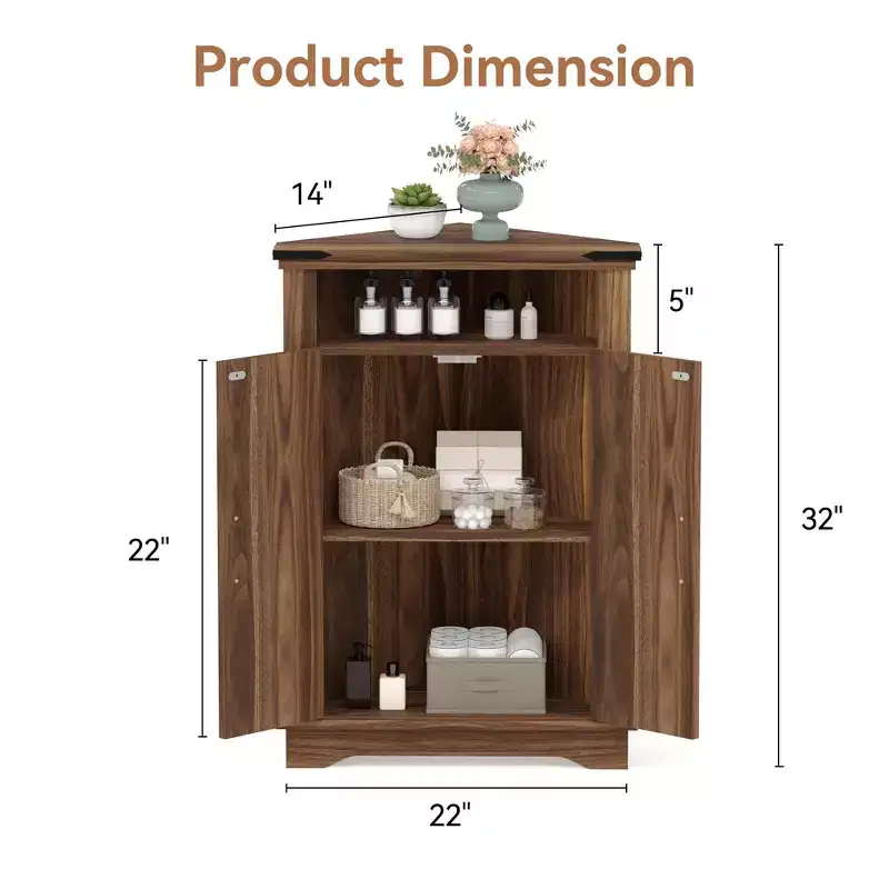 Rustic Corner Cabinet with Sliding Barn Door, Adjustable Shelf Storage Unit for Bathroom Kitchen Living Room Entryway