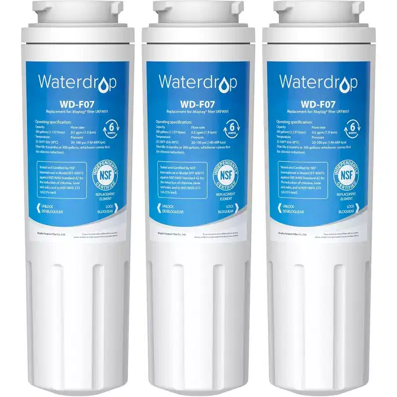 Waterdrop EDR4RXD1 Refrigerator Water Filter Replacement for EveryDrop Filter 4, Whirlpool UKF8001, 4396395, NSF 42 and 372 certified,3 Filters