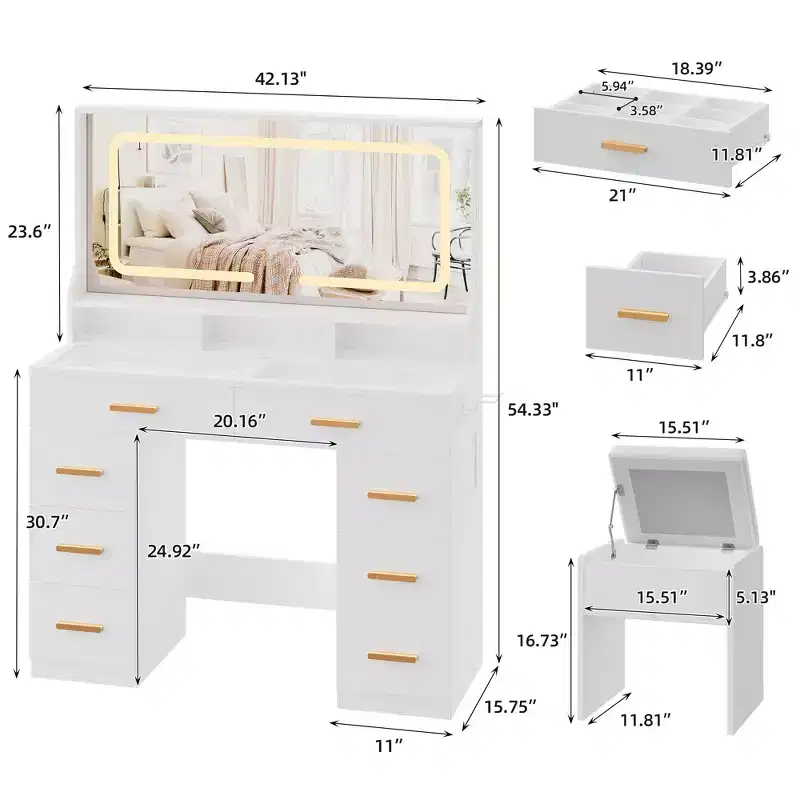 Vanity Desk with Mirror, Makeup Vanity Desk for Bedroom with 8 Drawers & 1 Vanity Chair, Modern Dressing Table Set for Bedroom, Bathroom