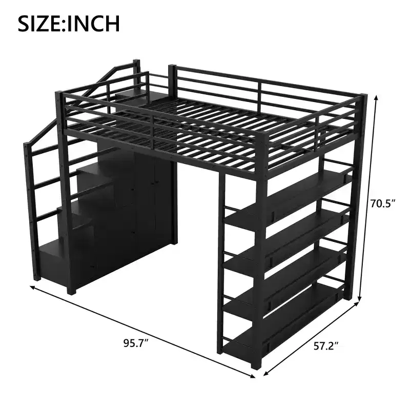 Full Loft Bed with Storage Shelves, Cabinets, Stairs & Wardrobe, Metal Frame for Teens & Adults, Black