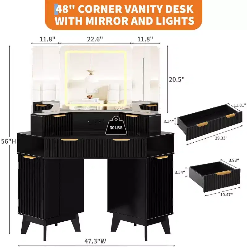 48 Inch Fluted Makeup Vanity Desk with Mirror and Lights, Charging Outlet & 3-Panel Lighted Mirror, Dressing Table for Bedroom