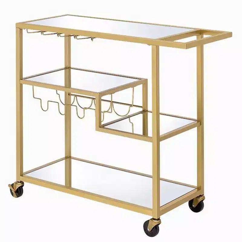 Royal Hampton Metal Framed Serving Cart with Wine Bottle Holder and Stemware, Gold and Clear