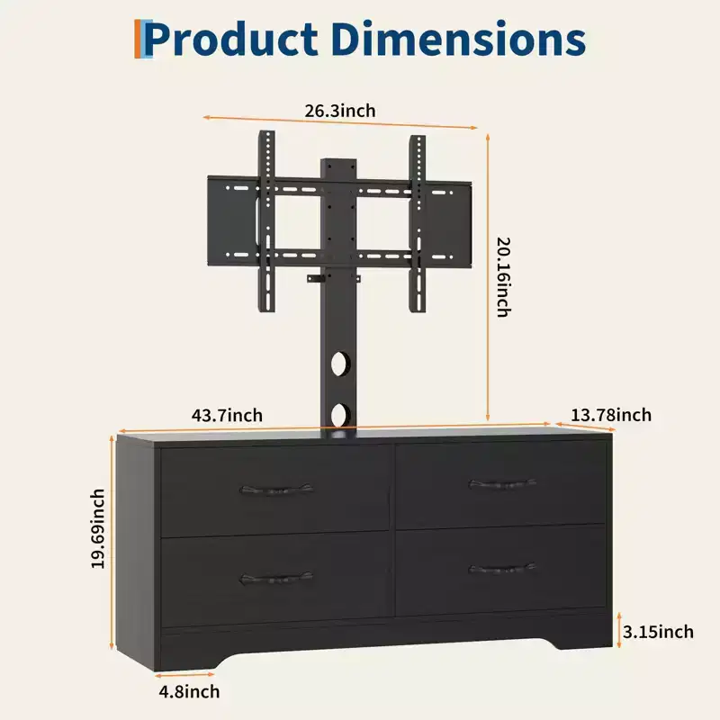 TV Stand with Mount for 32-75 Inch TVs, Modern Media Console Table with 4 Large Drawers, Entertainment Center Dresser for Living Room & Bedroom