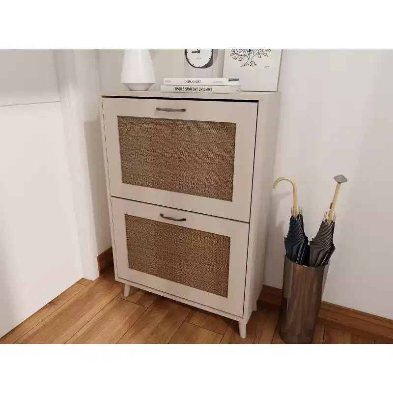 Modern 2-Tier Shoe Cabinet with Mesh Panels, Light Gray, Wood Construction, Entryway Storage Organizer for 12 Pairs