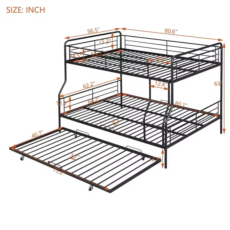Full XL over Queen Metal Bunk Bed with Trundle, Convertible into 2 Separate Beds, Heavy-Duty Iron Bed Frame for Kids Teens