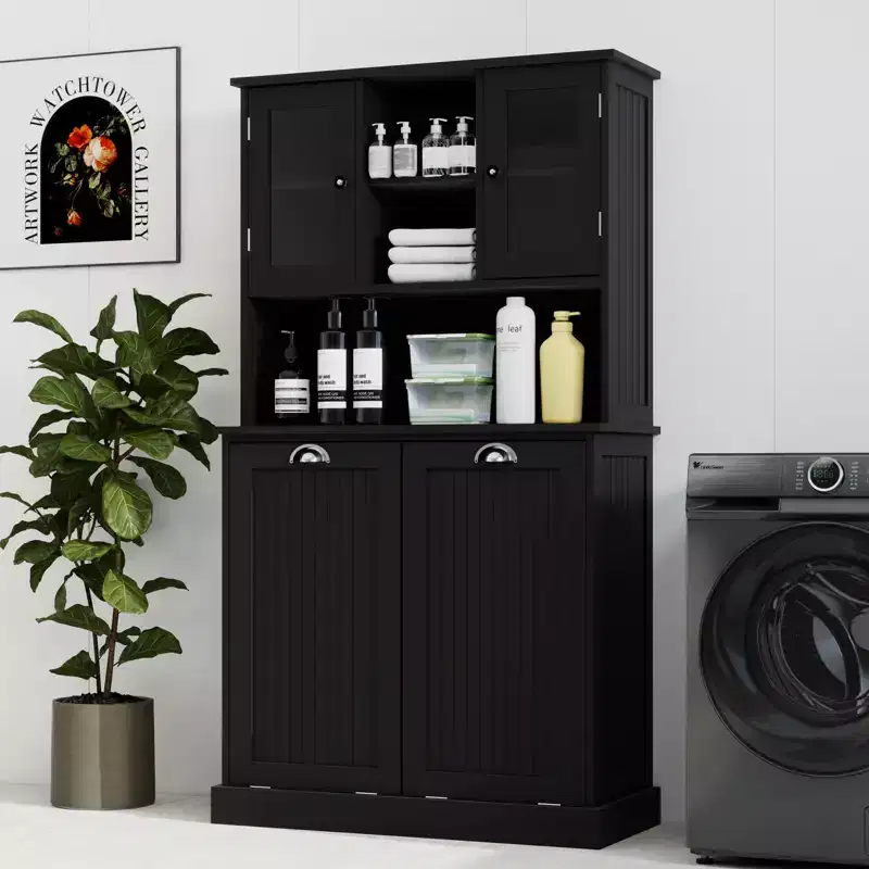 AndMakers 32.68 in. W. x 14.57 in. D x 59.69 in. H Black Freestanding Tilt-Out Linen Cabinet with Adjustable Shelves