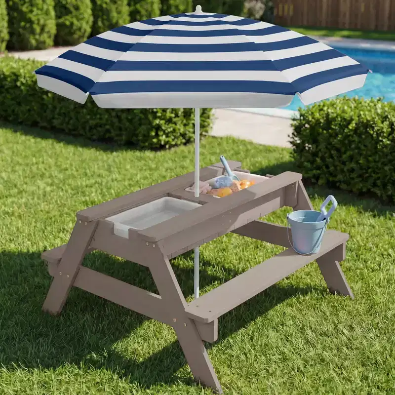 Kids 3-in-1 Outdoor Sand and Water Activity Picnic Table with Umbrella
