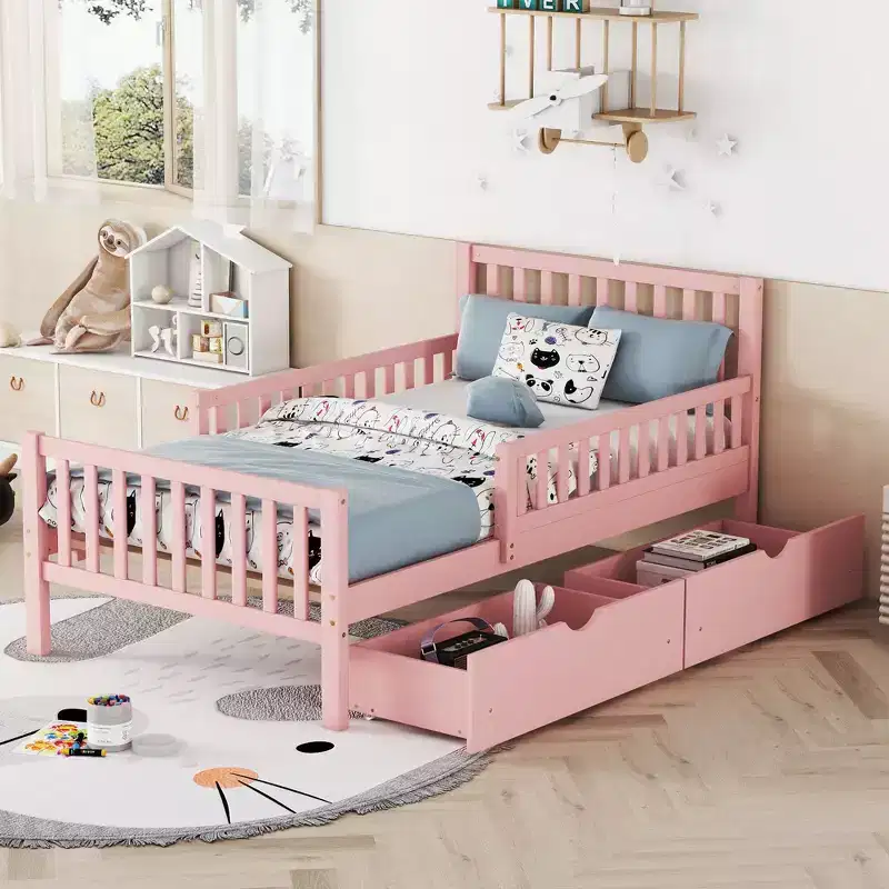 Twin Wood Platform Bed with Guardrails & 2 Storage Drawers – Pink