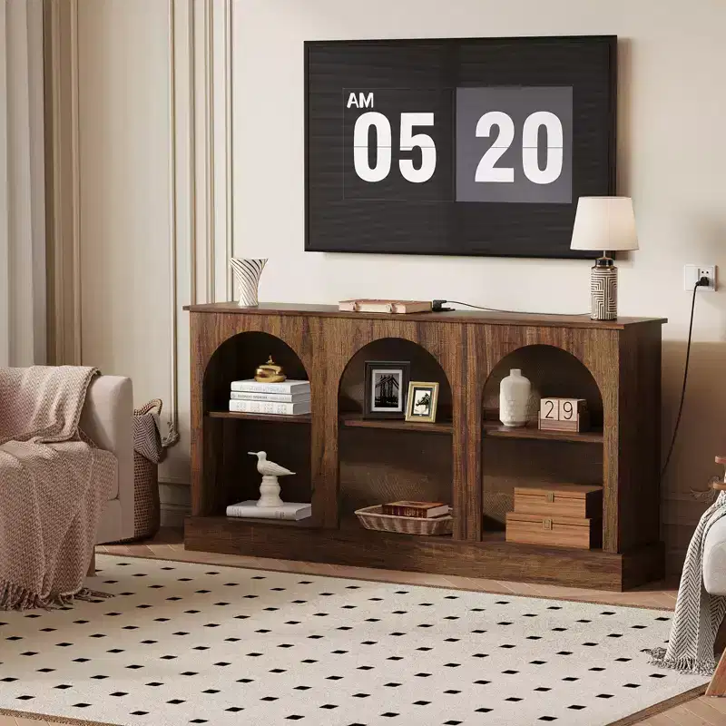 Console Table TV Stand with Power Outlets, 63in 3-Tier Arched Modern Media Entertainment Center with Charging Station Open Shelves for 65/70 in TV